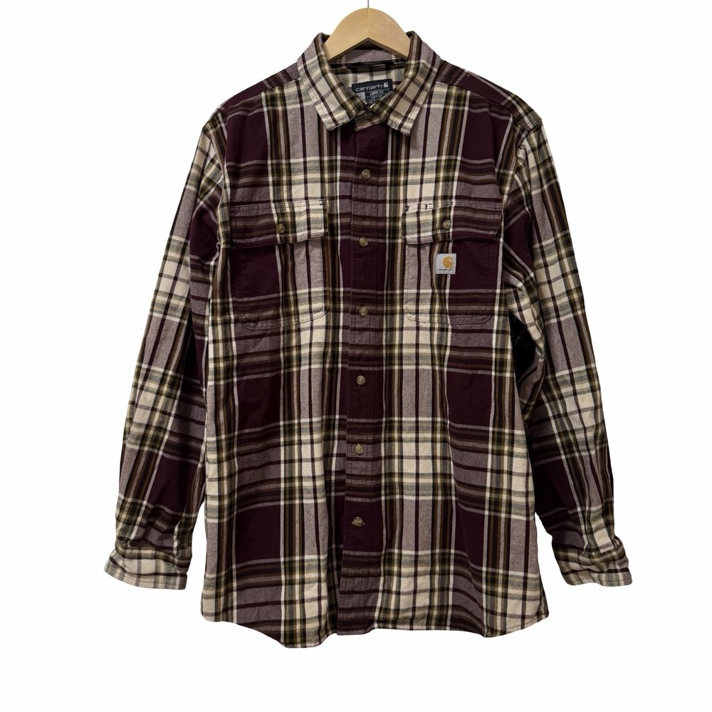 Carhartt Mens Loose Fit Heavyweight‎ Flannel Long Sleeve Plaid Shirt Size L Red